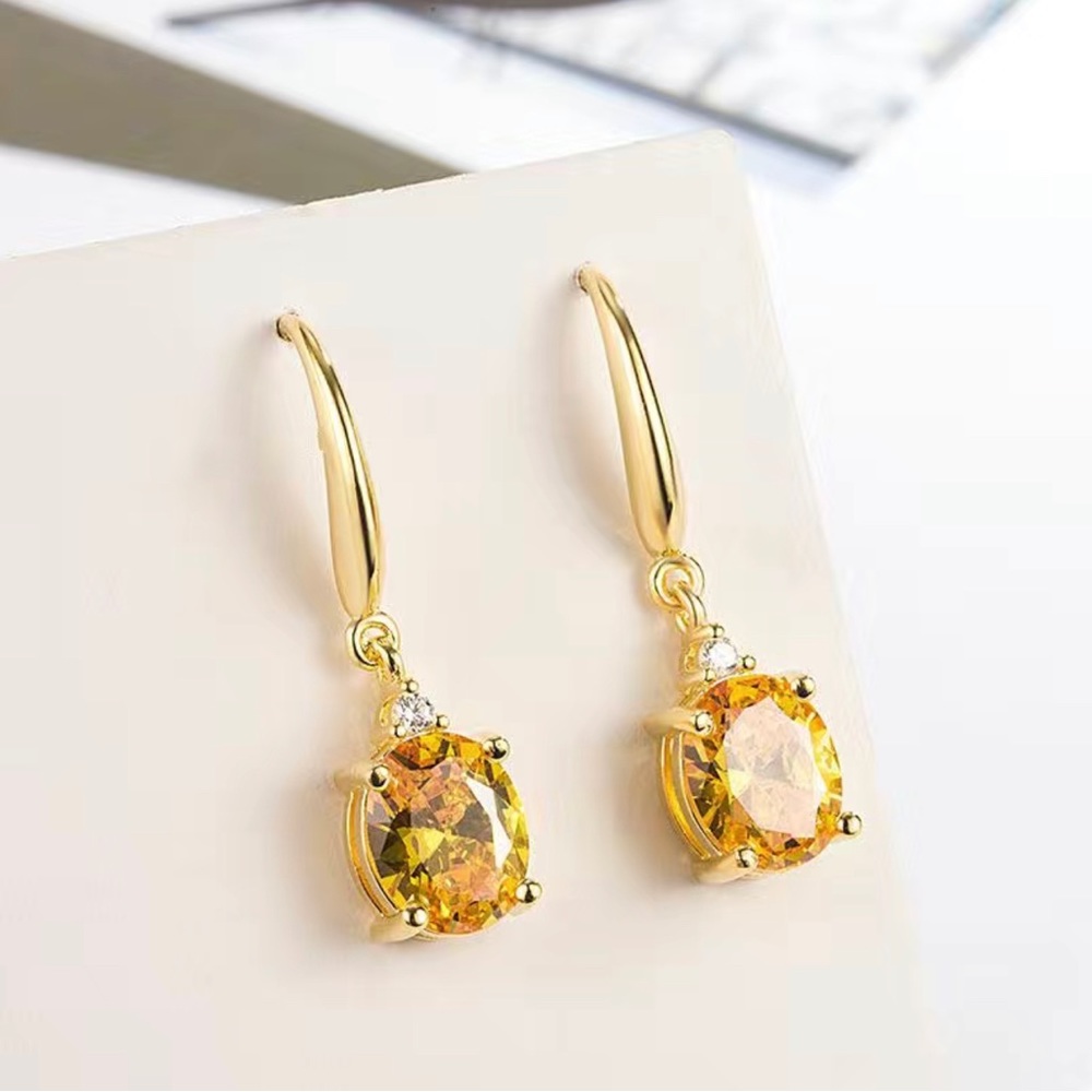 Yellow Golden Oval  Cut Stone Drop Hook Earrings
